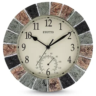eYotto 10-Zoll Indoor/Outdoor-Wanduhr mit Thermometer – Wetterfeste, wasserdichte, geräuschlose Batterie-Wanduhr für Terrasse, Pool, Garten, Lanai, Zaun, Veranda, Badezimmer