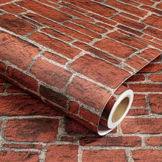 Decotalk 3D Tapete Selbstklebend Wohnzimmer Steinoptik Ziegelrot 44.5X300cm | Tapete Esszimmer Steinoptik Ziegelstein Vintage Klebefolie Möbel Rot Steintapete Wasserdicht für Küche Bad Backstein Stein