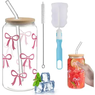 WHZHSTAR Trinkgläser mit Deckel und Strohhalm 16oz, Glasbecher mit Bambusdeckel & Glasstrohhalm, Iced Coffee Smoothie Matcha Latte Glas, Wiederverwendbar & Ästhetisch (Schleifen-Musterset)