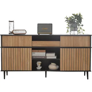 Stilvora Sideboard in Schwarz|Naturfarben Kommode mit 4 Schiebetüren 1 Schublade Stauraum für Wohnzimmer Flur, B160/T40/H80cm , Schwarz, Naturfarben , Metall , Rechteckig , rund , 160x80x40 cm , Kleinmöbel, Kommoden, Sideboards