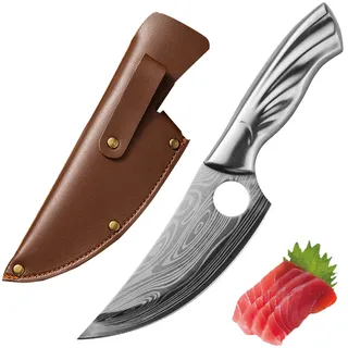 Fubinaty Japanisches Kochmesser High Carbon Steel Ausbeinmesser Kleines Hackmesser Outdoor Küchenmesser Full Tang Camping Kochen Messer mit Lederscheide