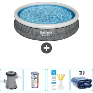Bestway runder aufblasbarer Fast-Set-Pool – Rattan-Druck – 366 x 76 cm – inklusive Pumpe Filter - Teststreifen - Sonnensegel - Grau