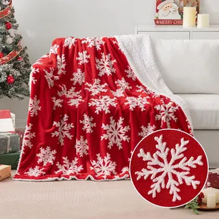 MIULEE Kuscheldecke Weihnachts Sherpa Decke Warme Lammdecke Wohndecke Davidshirsch Weihnachtsbaum Schneeflocken Muster Sofadecke Dicke Tagesdecke Couchdecke Überwürfe für Sofa Bett 150x200 cm Rot-C