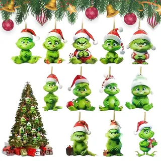 12 Stück Weihnachtsbaum Anhänger Acryl Grinch Weihnachtsbaumschmuck 2D Grinch Anhänger Weihnachten Ornamente Weihnachtsanhänger Dekorationen (A)