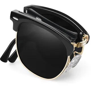 Joopin Faltbrille Halbrahmen Vintage Sonnenbrille Herren Schwarz Faltbare Retro UV400 Polarisierte Sonnenbrille Damen (Glänzend Schwarz Faltbare)