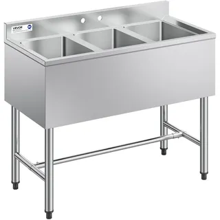 Vevor Spülbecken mit 3 Becken & Spritzschutz & Effizientem Abfluss, Küchenspüle (978 x 470 x 838 mm), Küchenspüle für Restaurants Imbisswagen Privaten Gebrauch, Edelstahlspüle