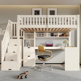 Flieks Etagenbett 90x200cm mit Schreibtisch und Stauraum, Hochbett Jugendbett mit Schubladen und Treppe, Kinderbett Einzelbett mit Lattenrost, Weiß - Weiß