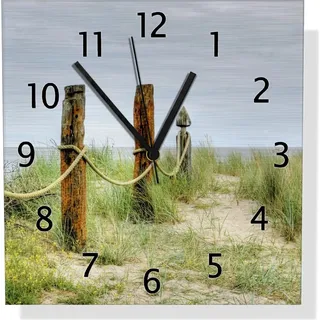 Wallario Design Wanduhr Düne am Strand mit Holzpfahl aus Aluverbund, Größe 30 x 30 cm - Gelb