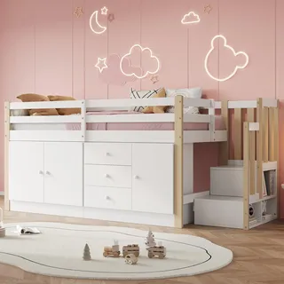 MODFU Kinderbett 90x200 Hochbett Bettrahmen mit Treppe und Schubladen,Stauraumbett mit Stauschränken,ohne Matratze,weiß - Weiß