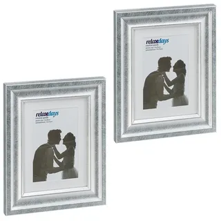 Relaxdays Bilderrahmen 2er Set, 15x20 cm, Hoch- & Querformat, Fotorahmen zum Aufhängen, Hinstellen, Passepartout, silber