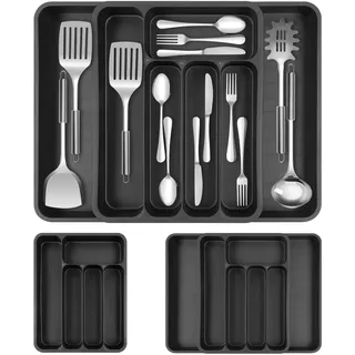 AiQInu Besteckkasten für Schubladen, Schubladen Organizer Küche Erweiterbarer Utensilienhalter, Besteckkasten Erweiterbarer für Löffel, Gabeln, Messer, Groß, Schwarz, 50x36x5.3cm