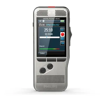 Philips Pocket Memo Digitales Diktiergerät DPM7200 Schiebeschalter-Bedienung, 2 Mikrofone für Stereo-Tonaufnahmen, Farbdisplay, Edelstahlgehäuse, inkl. Diktiersoftware SpeechExec Basic 2-Jahres-ABO