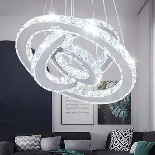diisunbihuo Moderner LED Kristall Kronleuchter mit 3 Ringen, höhenverstellbare Decken-Pendelleuchte 20/30/40cm aus Edelstahl & Kristall Kaltweiß für Wohnzimmer Esszimmer Schlafzimmer