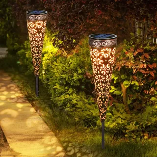 Görvitor Metall Vintage Solarlampen, Görvitor IP65 Wasserdicht Garten Solarleuchten für Außen, Warmweiß LED Solar Gartenleuchten mit Erdspieß Deko für Terrasse Blumenkasten Balkon (2 Stück)