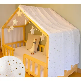 YellowNest Hausbett Himmel - 100% Baumwolle - Betthimmel Hausbett aus Musselin - Himmelbett Vorhänge für Bett 70x140 cm & 80x160 cm - Ohne Wimpelkette Kinderzimmer Stern (Weiß, 130 x 320 cm)