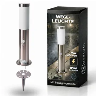 Novatool Gartenlampe I 45 cm I mit Bewegungsmelder I mit Erdspieß I Edelstahl I IP44 I E27 Sockel I Gartenleuchte Stehlampe Säulenlampe außen Außenlampe Aussenleuchten Sockelleuchte Pollerleuchte