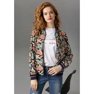 Blouson ANISTON CASUAL, Damen, Gr. 40, bunt (marine, sand, dunkelbeige, grün, rot), Crêpe, Obermaterial: 100% Polyester. Futter: 100% Polyester, bedruckt, geblümt, figurumspielend hüftlang, Rippbündchen kontrastfarben, Jacken Blouson, mit Blumendruck, Topseller