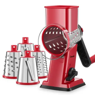 Geedel Käsereibe, Gemüseschneider mit 4 Austauschbare Klingen, Gemüsereibe mit Kurbel, Starkem Saugfuß, Gemüsehobel für Gemüse Obst, Gemüseschneider für Käse, Gurken, Karotten, Nüsse usw. Rot