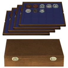 LINDNER Das Original Echtholz Münzkassette mit 4 blauen Tableaus für 80 Münzen/Münzkapseln bis Ø 47 mm