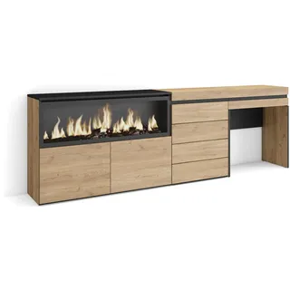 Skraut Home | Schminktisch | Frisiertisch mit Stauraum | 234x75x35 cm | mit Schublade | Elektrokamin XXL | Kommode mit Schubladen | Moderner Stil | Eiche