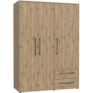 Forte Jupiter Schrank 140 150, Kleiderschrank, Drehtürenschrank, 3-türig, mit 2 Schubladen und Einlegeböden, Holz Dekor: Artisan Eiche, 145 cm breit x 59 cm tief x 200 cm hoch