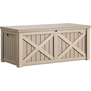YITAHOME 450L Große Gartenbox mit X-förmiger Front, wasserdichte Resin Aufbewahrungsbox als Sitzbank für Terrasse, Poolzubehör & Gartengeräte – Abschließbar, Taupe
