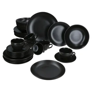 30tlg Kombiservice Panther Steingut 6 Personen Tassen Untertassen Teller flach tief - Schwarz
