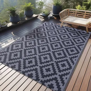 Homaxy Outdoor Teppich Wetterfest, Kunststoff Stroh UV-beständig Wendbar Faltbar Waschbar Balkon Garten Teppich für Terrasse Camping Picknick (120 x 180 cm, Schwarz & Grau)