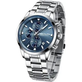 MEGALITH Herrenuhr Silber Edelstahl Armbanduhr: Wasserdicht Analog Chronographen Uhren mit Leuchtend Datum - Geschenke für Business Lässig Männer Geburtstag Hochzeit Jubiläum