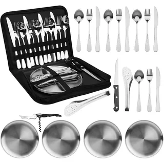 Edelstahl Campingbesteck Set für 4 Personen, 20-teiliges Picknick Geschirr Set mit Löffel, Gabel, Messer, Teller, Clip und Flaschenöffner - Portable Besteckset für Camping und Picknick (Silber)
