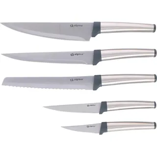 alpina Kochmesserset 5Teilig - Profi Messerset - Multifunktionales Chefmesser - Bestückt für Küchen - Allzweckmesser aus Edelstahl - Brotmesser - 20,5 bis 33,5 cm - Silber - Silber