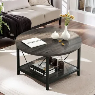 DWVO Couchtisch Rund, 2-Tier Wohnzimmertisch Industrial Kaffeetisch mit offenem Aufbewahrungsregal, Holz Couchtisch mit Metallrahmen, Einfache Montage, Grau