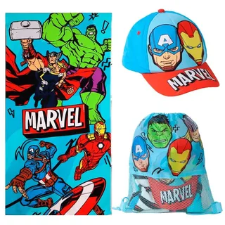 Avengers Kinderhandtuch, Sack und Mütze für Strand und Pool – Set mit Handtuch, Sack und Mütze für Kinder mit Kindermotiv