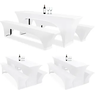 Lumaycens DREI 3er-Set Biertischhussen 220 x 50 x 70 cm, hussen bierzeltgarnitur, weiß, Stretch-Bezüge für Biertisch-und Bankgarnituren, Bierbankhussen, Spandex-Bierzeltgarnitur für Bankett