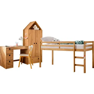 Lüttenhütt Jugendzimmer-Set »Alpi«, (Spar-Set, 3 tlg.), Hochbett, Schreibtisch und Kleiderschrank in Hausoptik, platzsparend, beige