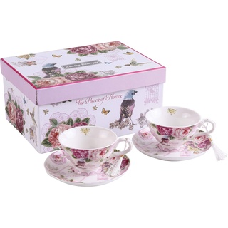 London Boutique Set aus Kaffee-/Teetassen und Untertassen, Shabby Chic, Vintage-Design, Porzellan mit Blumenmuster, 2 Sets in Geschenk-Box, Keramik (Pink Bird Rose)