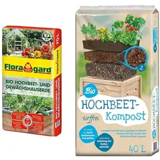 Floragard Bio Hochbeet- und Gewächshauserde, 70 liters, Braun & Universal Bio Hochbeet-Kompost 40 Liter, Erdfarben