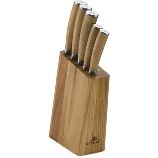 gerlach 1760 Set Couteau Cuisine en Acier Inoxydable - Ensemble de 5 Couteaux - 1 x de Chef 1 x à Pain 2 x de Cuisine 1 x à Légumes - 53-54 HRC - Bloc de Rangement en Bois - Natur