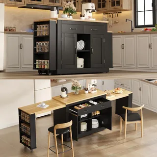 Flieks Kücheninsel mit zwei ausziehbaren Arbeitsflächen, Servierwagen mit 2 Steckdosen, 2 USB-Anschlüsse, Küchenschrank 142-340x55x93cm, Schwarz - Schwarz