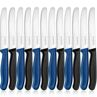 targzier Tafelmesser 12 Stück,Messerset zum Schneiden,12er Pack Tomatenmesser,Frühstücksmesser mit Wellenschliff,Bunt Brotmesser,scharfe Messer für Brotzeit,22 cm,Schwarz und Blau