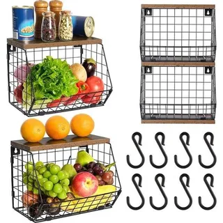 Hängende Holzfassung in Schwarz, 2 Etagen, 30 x 16 x 21 cm - Holzdeckel und Haken - Edelstahl-Küchenregal - Stapelbarer Obstspeicher - Hängende Obstschale - Bunt