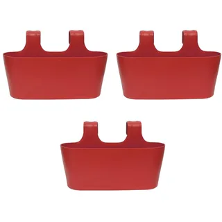 Engelland 3 x Blumenkasten zum Auf-Hängen, Farbe: Rot, Blumentopf, oval, Balkon, Übertopf, Pflanzkasten, mit Wasserspeicher/Wasserauffangschale