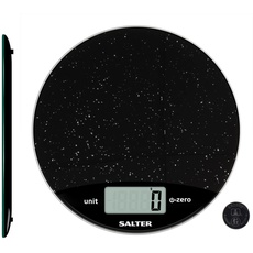 Salter 1009 BKDR elektronische küchenwaagen aus Glas, Max. Kapazität von 8 kg, Zuwiegefunktion, Lebensmittelwaage, schlankes Design, metrisch/imperial, gut lesbares LCD Display, schwarz, tara-funktion