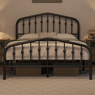 Yaheetech Bettrahmen 140 x 200 cm, Vintage Metallbett mit kronenförmigem Kopfteil, Stabiles Bettgestell Doppelbett aus Metall, Robust & Leichte Montage Gästebett Jugendbett Tagesbett, Schwarz