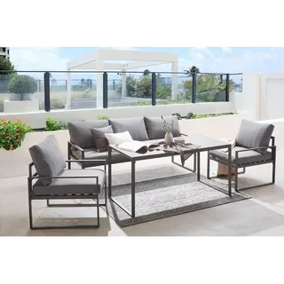 Ambia Garden Dining-Loungeset , Anthrazit, Grau, Schwarz , Metall, Glas, Textil , 4-teilig , Füllung: Schaumstoff,Polyester , eckig , 317x67x139 cm , wetterbeständig, Tisch mit Glasplatte , Gartenmöbel, Gartengarnituren, Gartenmöbel-Sets