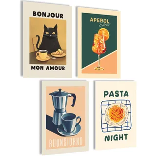 mojoliving Poster Kaffee Bilder Kaffee Bild Wandbilder für die Küche Poster Aesthetic Deko Küchenbilder Vintage Bilder Wohnzimmer Deko Küche (Pasta Night, 4x A4 | ohne Rahmen)