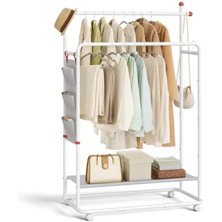 SONGMICS HOME Kleiderständer auf Rollen, Garderobenständer, 2 Kleiderstangen, Ablagefläche, seitlicher Organizer, Haken in Streichholz-Form, stabil, Schlafzimmer, Flur, mattweiß HSR171W01