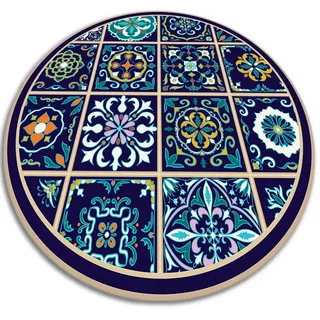 Tulup Vinyl Teppich Ø130 cm Portugiesische Fliesen , Dunkelblau , Kunststoff , Rund , 130x130 cm , Teppiche und Böden, Teppiche, Outdoorteppiche