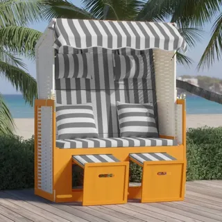 The Living Store Strandkorb mit Kissen Poly Rattan & Massivholz Weiß & Grau - Weiß