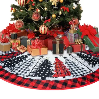Lwtsrp Weihnachtsbaum Decke 120cm, Christbaumdecke Rund mit Rote & Schwarze Büffelkaro, Weihnachtsbaum Motiv Tannenbaumdecke Baumdecke Weihnachtsbaum Teppich Rund für Christbaumschmuck
